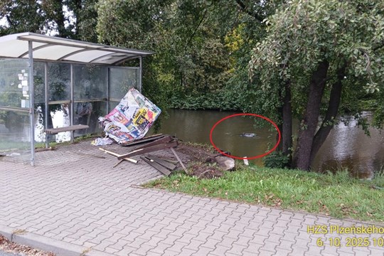 Osobní auto projelo přes autobusovou zastávku a skončilo v rybníce!