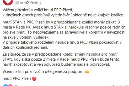 Hnutí Pro Plzeň vyhrožuje odchodem z volební koalice vedené Bernardem